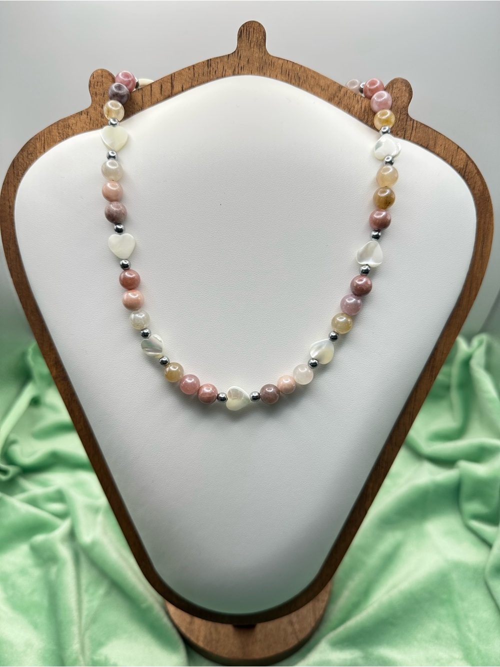 Sunstone and Mother of Pearl Beaded Necklace - 18 inches - Genuine Gemstones